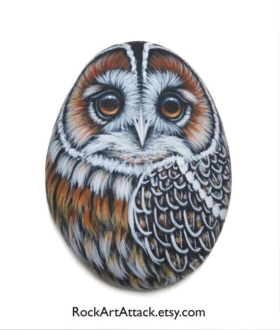 Tawny owl handmade miniature acrylic painting on sea pebble