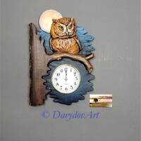 Clock with Copper Owl Hand Carved in Limewood with Natural Bark