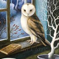 Limited edition giclee print titled "Visitor at my Window" by Amanda Clark - owl a...