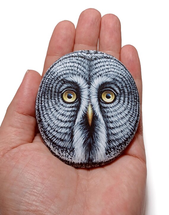 Painted pebble great grey owl face portrait! Owl pebble art, hand painted with Acrylics and finished with satin varnish protection.