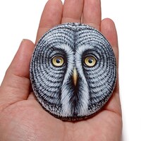 Painted pebble great grey owl face portrait! Owl pebble art, hand painted with Acrylics and ...