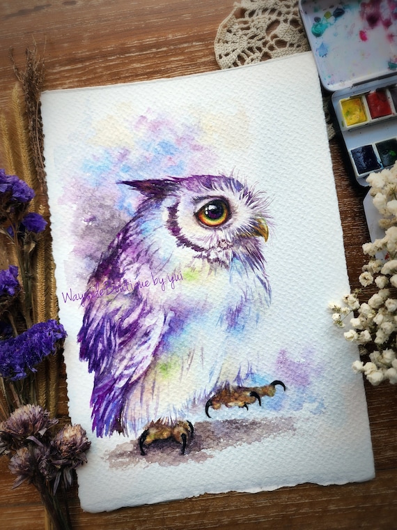 Slow step ORIGINAL watercolour painting 7.5x11 inches,Hand-painted by Yui Chatkamol,fantasy,owl art, minimalist,Contemporary,gift,Wildlife