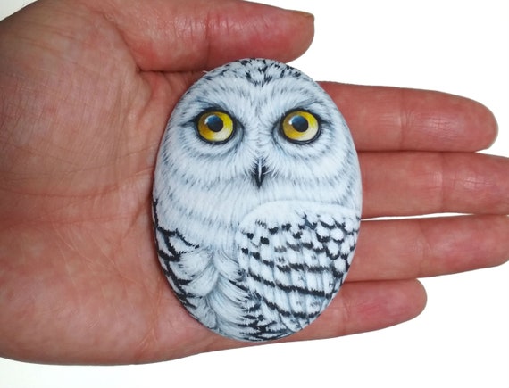 Snowy Owl Hand Painted on Flat Stone! Handmade Owl for Home Decor, Painted with Acrylics and finished with satin varnish Protection.