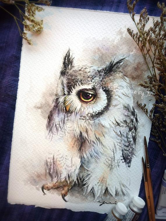 PRINT –Classic color owl Watercolor painting 7.5 x 11”