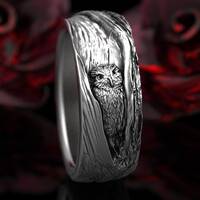 Sterling Silver Owl Wedding Ring, Owl Wedding Band, Tree Bark Wedding Rings, Mens Owl Weddin...