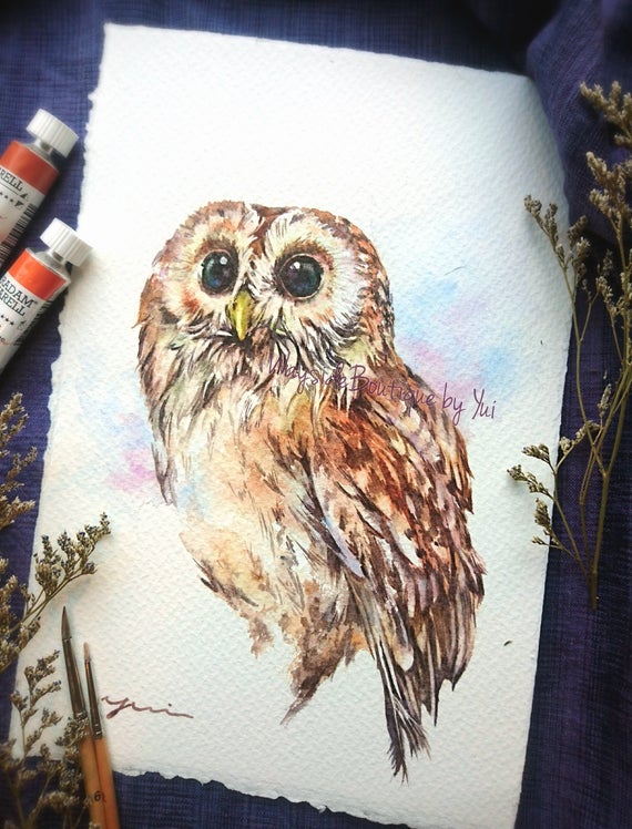 Tawny owl - ORIGINAL watercolor painting 7.5x11 inches