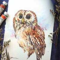 Tawny owl - ORIGINAL watercolor painting 7.5x11 inches