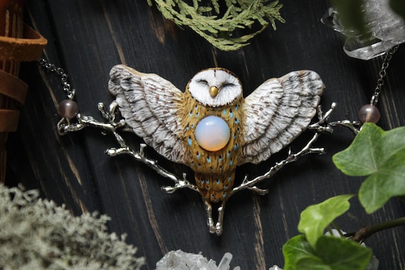 Barn Owl Opalite Necklace: Polymer Clay Witchy Pendant