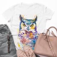 Horned Owl T-shirt, ladies' T-shirt, women's tees, Bird Lover Gift, Graphic tee, rin...