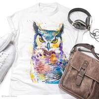 Horned Owl unisex T-shirt, Unisex tees, Bird Lover Gift, watercolor print tee, ring spun Cot...