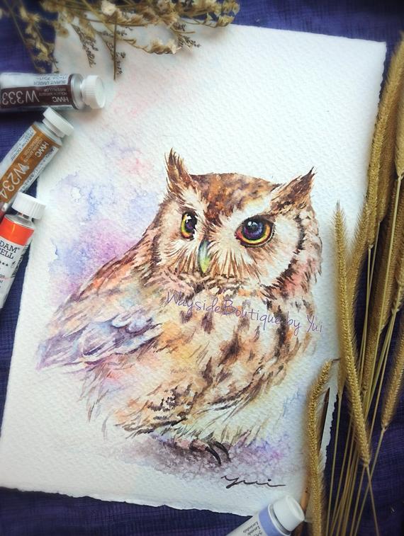 Owl - ORIGINAL watercolor painting 7.5x11 inches