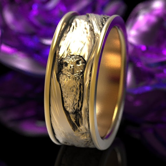 Gold Owl Tree Bark Ring