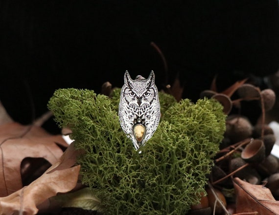 Silver Great Horned Owl Pendant - Citrine Necklace