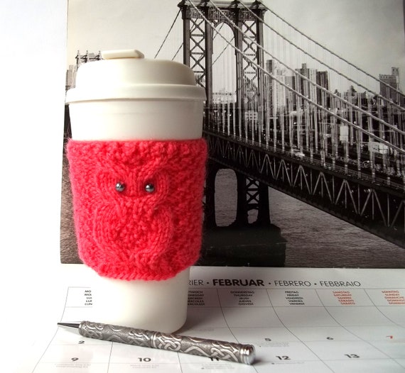 Coral Owl knitted Coffee Cup Cozy