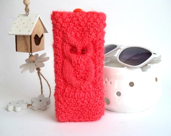 Red Owl Glasses Case, Hand Knit