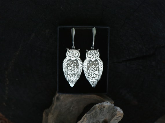Silver Eagle Owl Earrings