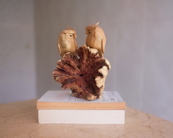 Owl Couple Figurine, Wood Carving