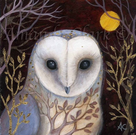 Limited edition giclee print titled 'Lilac Light' owl art, sparkle, miniature