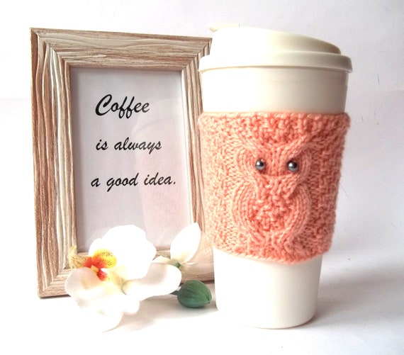Peach Owl Cup Cozy, Hand Knit Coffee Mug Cozy