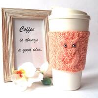 Peach Owl Cup Cozy, Hand Knit Coffee Mug Cozy