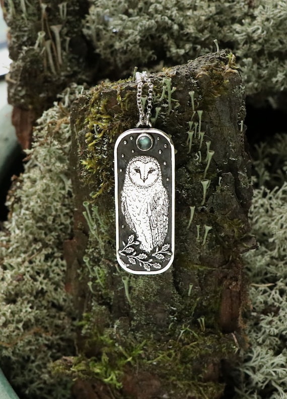 Owl Necklace - Barn Owl Pendant - Silver Owl Necklace - Sterling Silver Owl - Wisdom Necklace - Labradorite Necklace - Moon Necklace