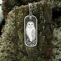Silver Barn Owl Pendant Necklace with Labradorite cabochon