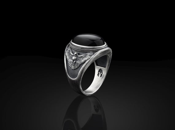 Silver Winged Owl Ring, Oval Onyx Signet Ring
