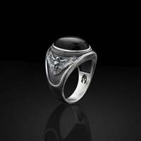 Silver Winged Owl Men's Ring, Oval Onyx Signet Man Ring, Black Onyx Signet Ring, Onyx Ow...
