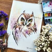 Short-Eared Owl ORIGINAL watercolour painting 7.5x11 inches,Hand paint by Yui Chatkamol, art...