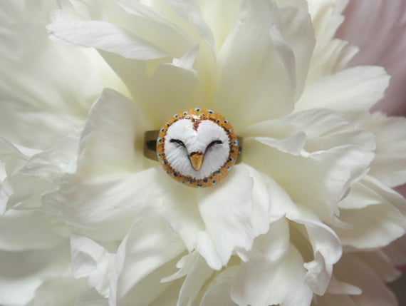 Barn Owl Polymer Clay Ring, Celtic Owl Statement Ring