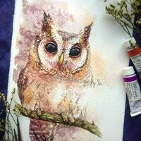 Black-eyes Owl- ORIGINAL watercolor painting 7.5x11 inches