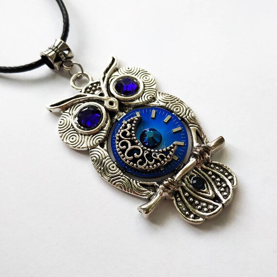 Owl jewelry Moon Stars Steampunk pendant Necklace Vintage Watch parts Fantasy Steam punk Bird Totem Silver Mens gifts For women Men