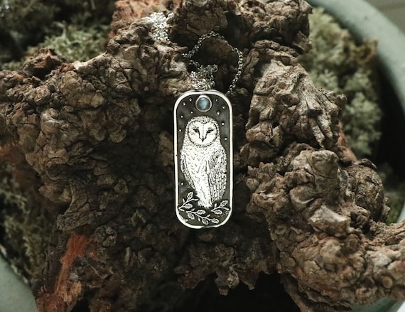 Owl Necklace - Barn Owl Pendant - Silver Owl Necklace - Moonstone Necklace - Moon Necklace