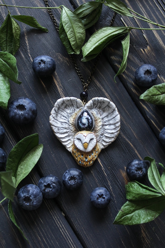 Barn Owl Necklace: Hand-Painted Galaxy Charm, Forest Witch Jewelry