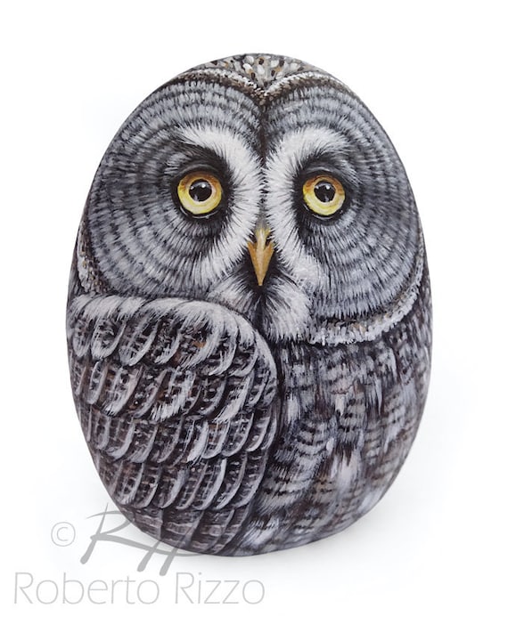 Original Hand Painted Great Grey Owl Rock | Owl Painted Stone Bird Art Painted Pebbles by Roberto Rizzo