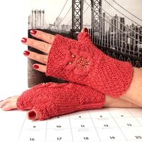 Cooper Red Owl Gloves, Knit Fingerless Owl Mittens