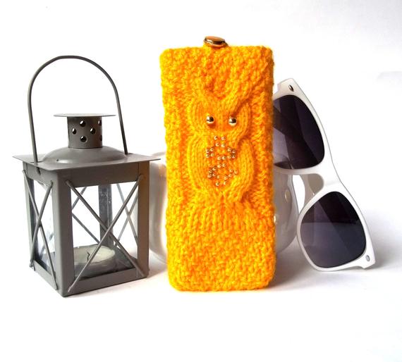 Yellow Owl Glasses Case, Hand Knit