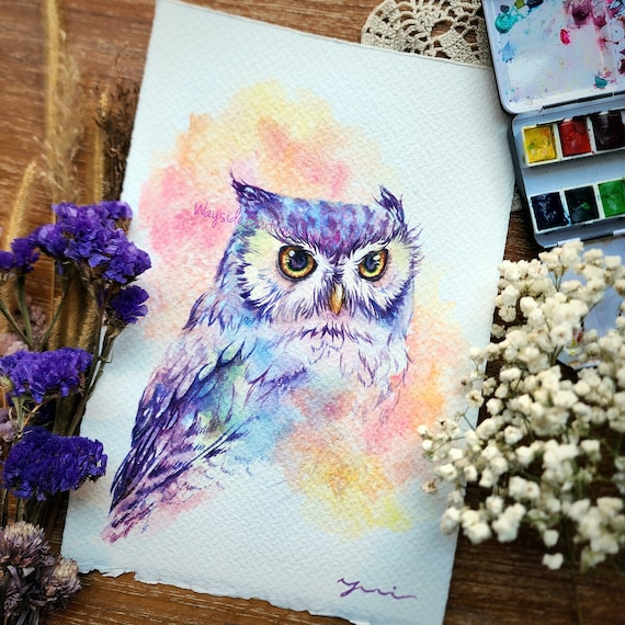 ORIGINAL watercolour painting 7.5x11 inches, Whispering Plumage, Hand painted by Yui Chatkamol, Hand made,owl art,Contemporary,gift,Wildlife