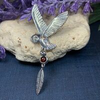 Sterling Silver Owl and feather pendant with gemstone