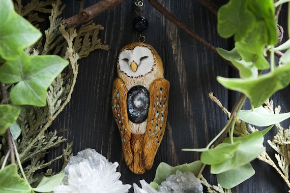 Owl Galaxy Necklace, Barn Owl Starry Sky Charm, Witchy Owl Jewelry, Pagan Owl Jewellery, Fairy Owl Miniature