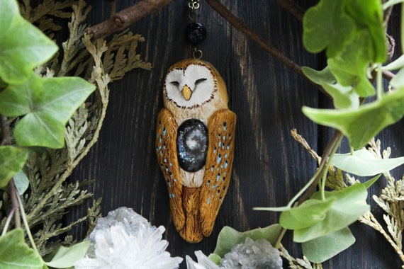 Owl Galaxy Necklace, Barn Owl Starry Sky Charm, Witchy Owl Jewelry, Pagan Owl Jewellery, Fairy Owl Miniature