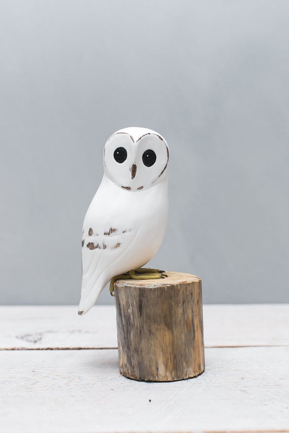 Baby White Owl - 8"H - Hand Carved Wooden Bird