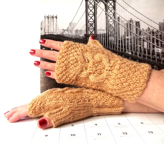 Brown Yellow Owl Gloves, Knit Fingerless Owl Mittens