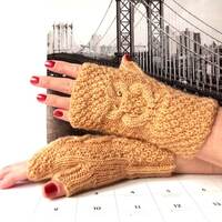 Brown Yellow Owl Gloves, Knit Fingerless Owl Mittens