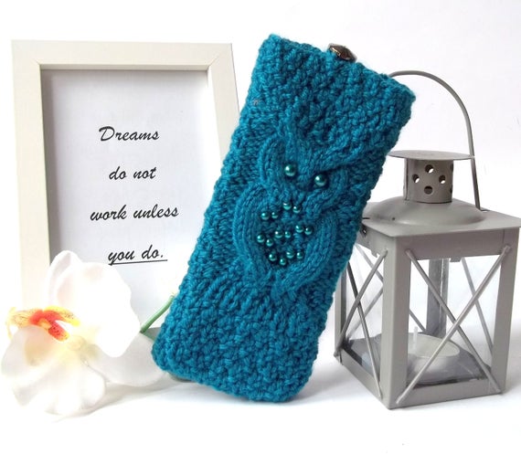 Teal Blue Owl Hand Knit Case for Reading Glasses