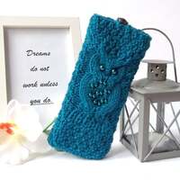 Teal Blue Owl Hand Knit Case for Reading Glasses