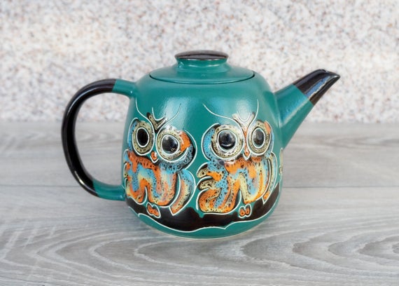 Ceramic Owl teapot, Green pottery