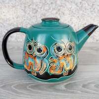 Housewarming owl gift ceramic teapot 33.8 oz Green pottery tea pot owls gifts for wife birth...