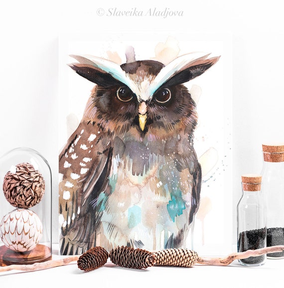 Crested owl watercolor painting print by Slaveika Aladjova, art, animal, illustration, bird, home decor, wall art, gift, portrait,