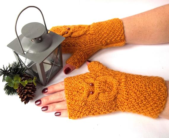 Mustard Brown Owl Gloves, Knitted Fingerless Owl Mittens